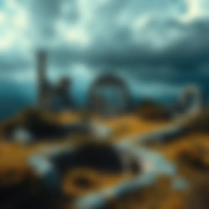 Ruins of an ancient city overgrown with vegetation, hinting at a lost civilization that vanished long ago.