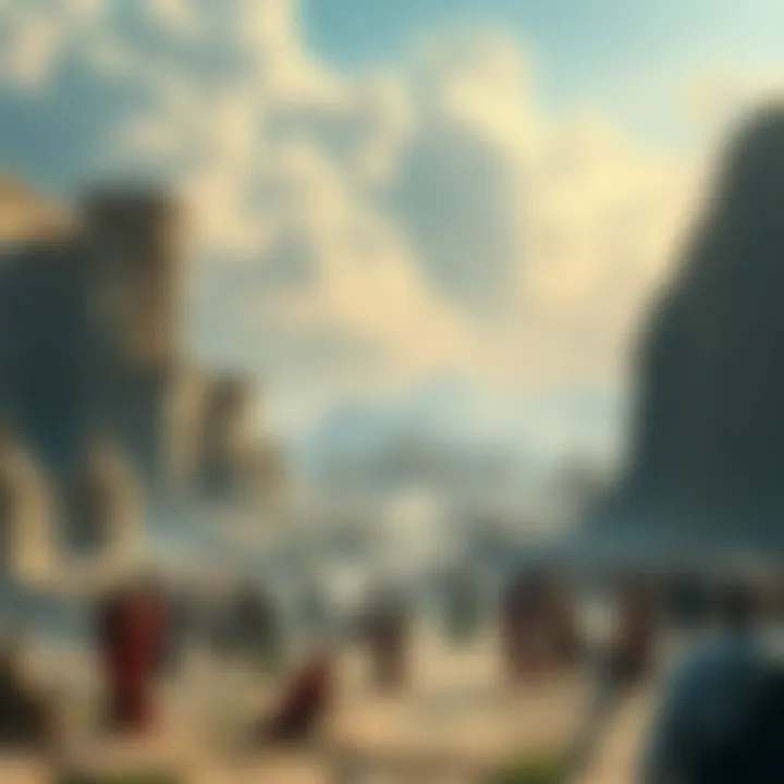 A depiction of a unified ancient civilization with grand architecture and diverse people before a catastrophic flood, blending nature and human achievement.