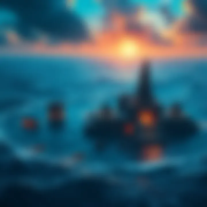 A depiction of the lost cities of Atlantis and Lemuria surrounded by ocean, with ancient ruins and advanced technology visible.