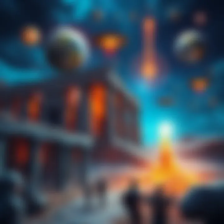 A visual representation showing ancient ruins alongside symbols of extraterrestrial life and spiritual motifs, highlighting the connection between past civilizations and otherworldly beings.