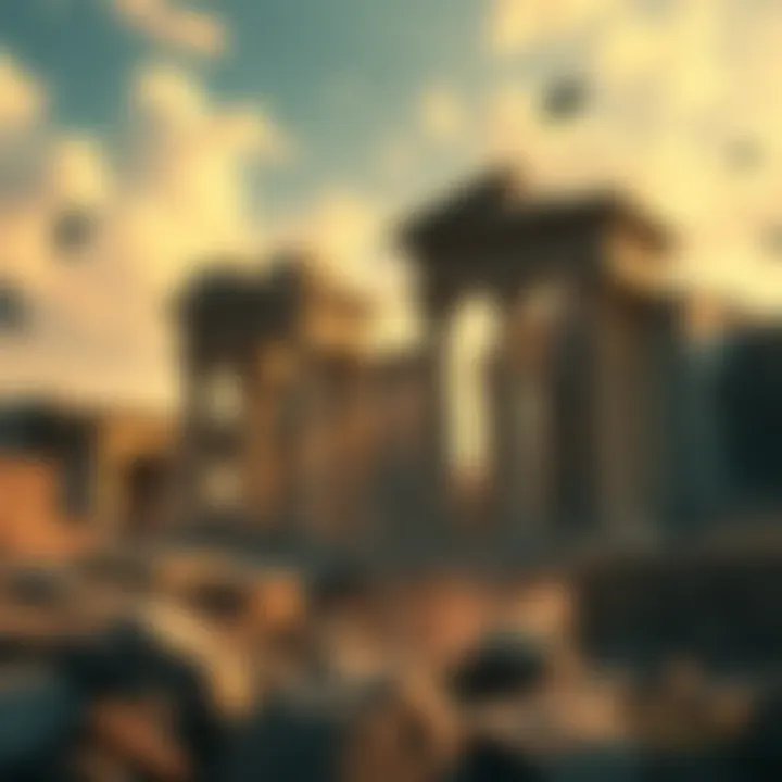 Illustration showing ancient ruins partially obscured by modern media symbols, representing the erase of history.