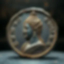 A detailed view of an ancient coin depicting Indo-Greek King Menander I, featuring symbols associated with Buddhism.