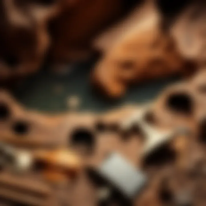 A view of an ancient copper mine with exposed rock and mining tools scattered around, showcasing the historical site.
