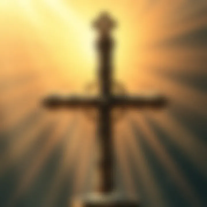 A depiction of a cross symbol used in ancient cultures, surrounded by sun rays and natural elements.