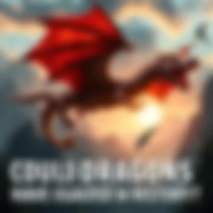 A depiction of a dragon-like creature flying over a prehistoric landscape, resembling large reptiles or dinosaurs, with mountains and trees in the background.