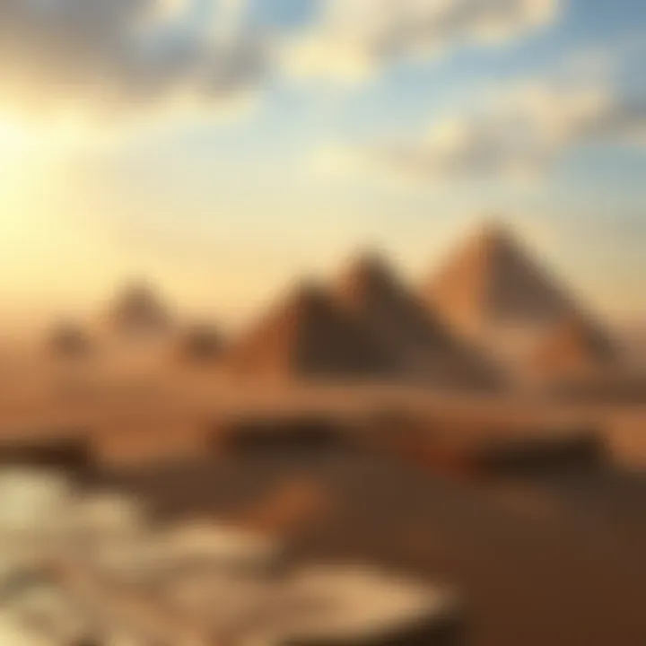 A serene view of an ancient Egyptian landscape featuring pyramids and hieroglyphics etched on stone, evoking a sense of history and mystery.