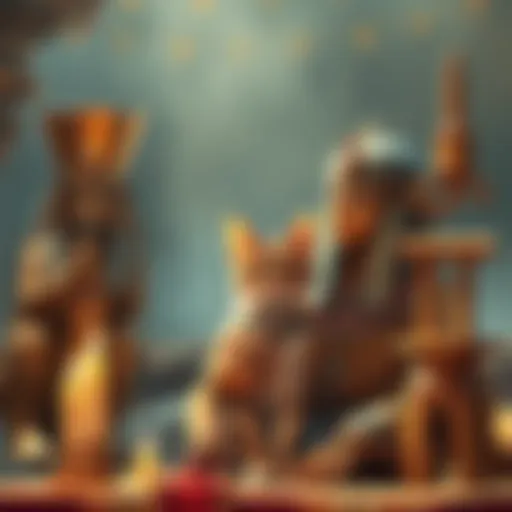 A depiction of an ancient Egyptian scene showing a pharaoh with a cat, surrounded by symbols of worship and reverence, highlighting the cultural significance of cats.