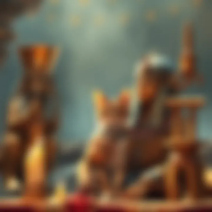 Ancient Egyptian cat worship A depiction of an ancient Egyptian scene showing a pharaoh with a cat, surrounded by symbols of worship and reverence, highlighting the cultural significance of cats.