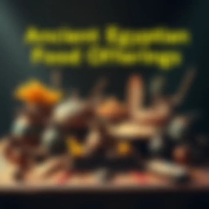 A table adorned with traditional food offerings used in Ancient Egyptian rituals, including bread, fruits, and pottery items, surrounded by symbols of the gods.