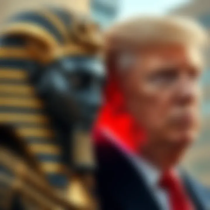 A representation of an ancient Egyptian god next to a portrait of Donald Trump, symbolizing cultural influences in politics.