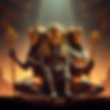 A depiction of Khnum, Sekhmet, and Set in an ancient Egyptian setting, showcasing their symbols and attributes.