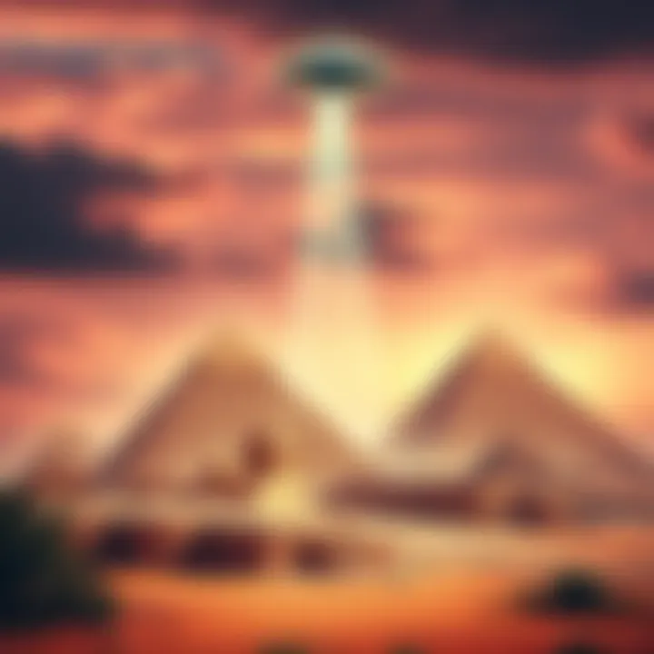 An artistic depiction of Ancient Egyptian pyramids with UFOs in the sky, suggesting an encounter with advanced beings.