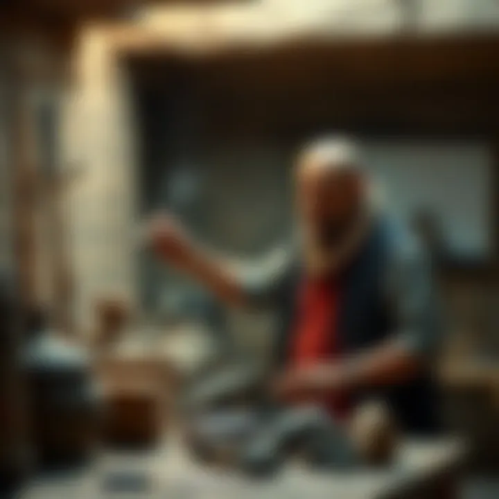 A person demonstrates ancient Egyptian stone carving techniques with tools and stones in a workshop setting.