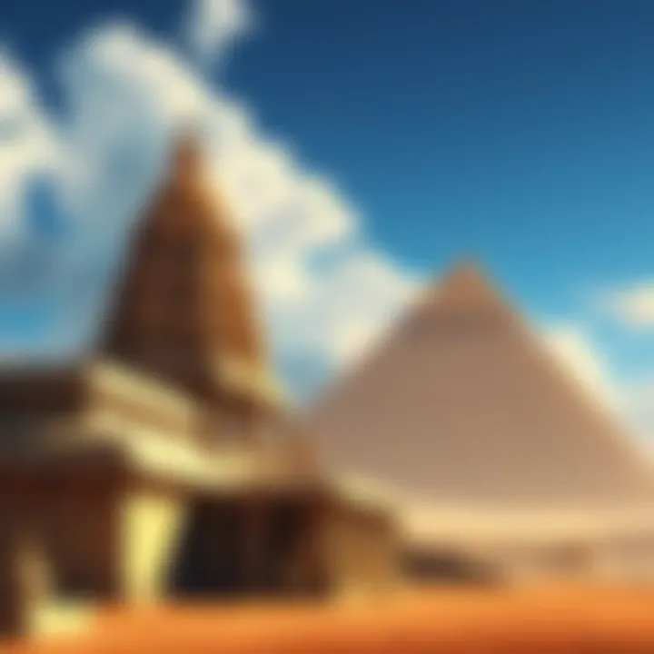 Side view of the Thanjavur Brihadeeswarar Temple with large stone blocks and a backdrop of the Great Pyramid of Giza