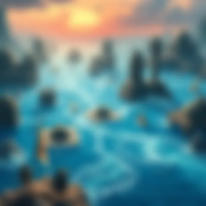 Illustration of a scene showing ancient civilizations experiencing a massive flood, with structures submerged and people fleeing to higher ground.