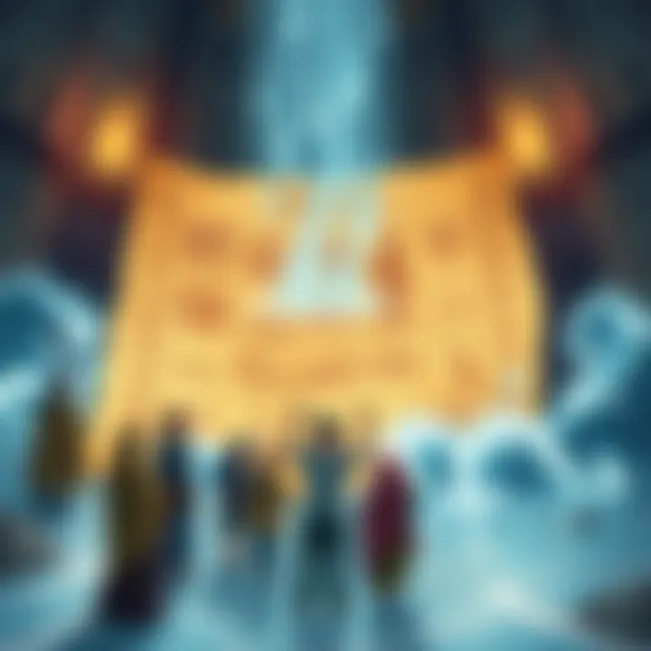 An illustration showing a group of people gathered around a large ancient scroll depicting flood scenes, with symbols of rain and water waves around them.