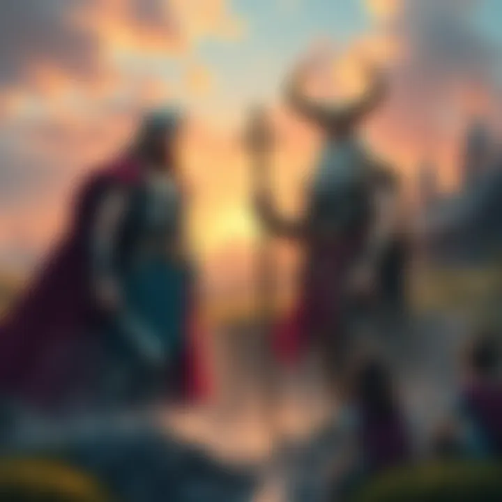 Ancient Gods of Peace and Protection Colorful depiction of Thor and Tyr standing together, symbolizing peace and protection, surrounded by nature and people seeking guidance.