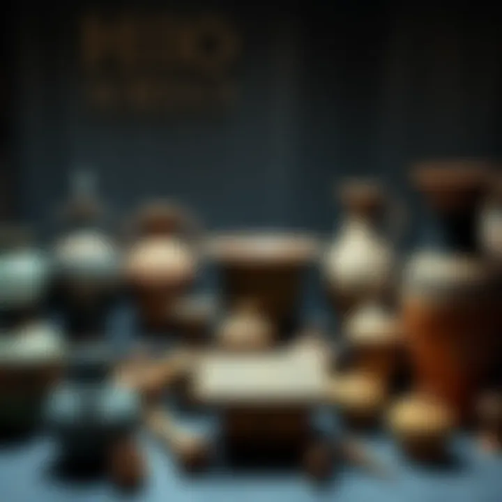A collection of ancient Greek artifacts related to the Eleusinian Mysteries, showcasing pottery and symbols associated with Abraxas.
