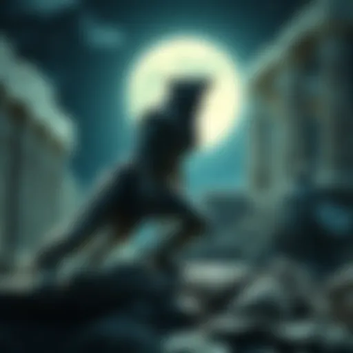 A depiction of a Greek warrior transforming into a wolf under the moonlight, surrounded by ancient ruins.