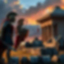 An artist's depiction of Greeks in armor encountering Mycenaean ruins, highlighting cultural differences