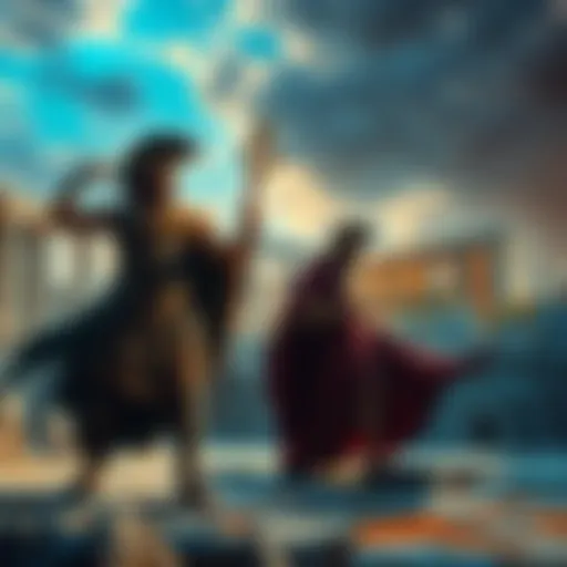 A portrayal of mythical figures like Achilles and Odysseus, symbolizing daemons in a classical setting with a backdrop of ancient ruins.