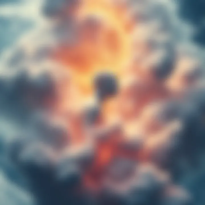 An ancient synthetic intelligence influences human emotions, depicted as a glowing, ethereal figure surrounded by swirling clouds that distort historical images and symbols of control.