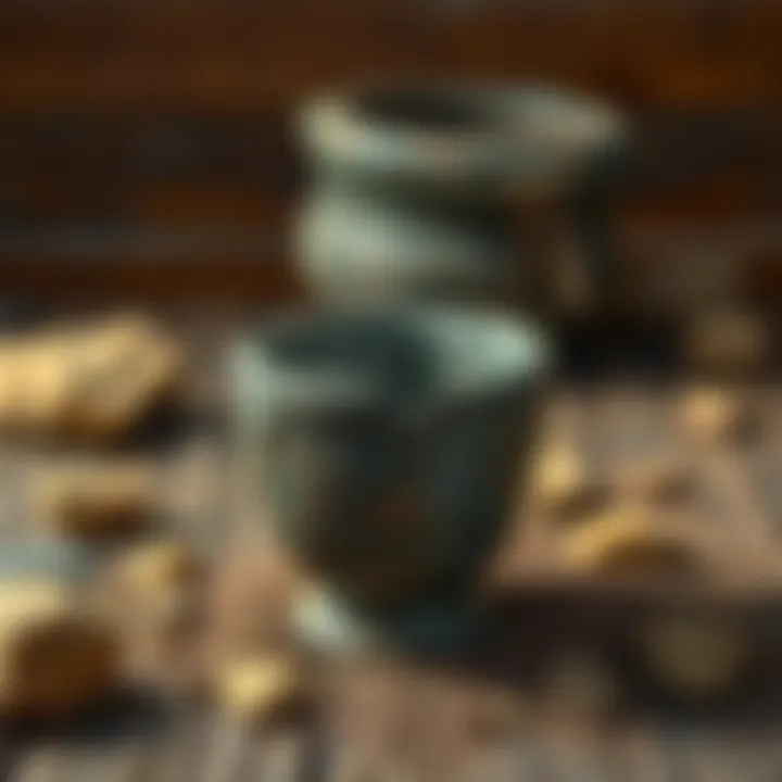 A 300-million-year-old iron cup displayed on a rustic wooden table, surrounded by natural elements like stones and dirt, highlighting its ancient origins.
