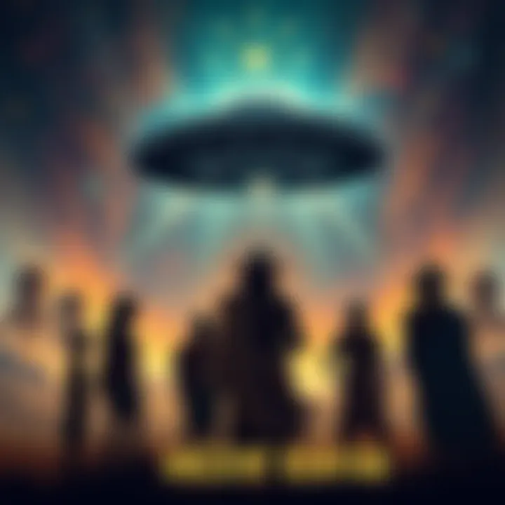 Illustration of ancient Kenyan figures looking up at a UFO surrounded by stars, depicting the legend of Sky People.