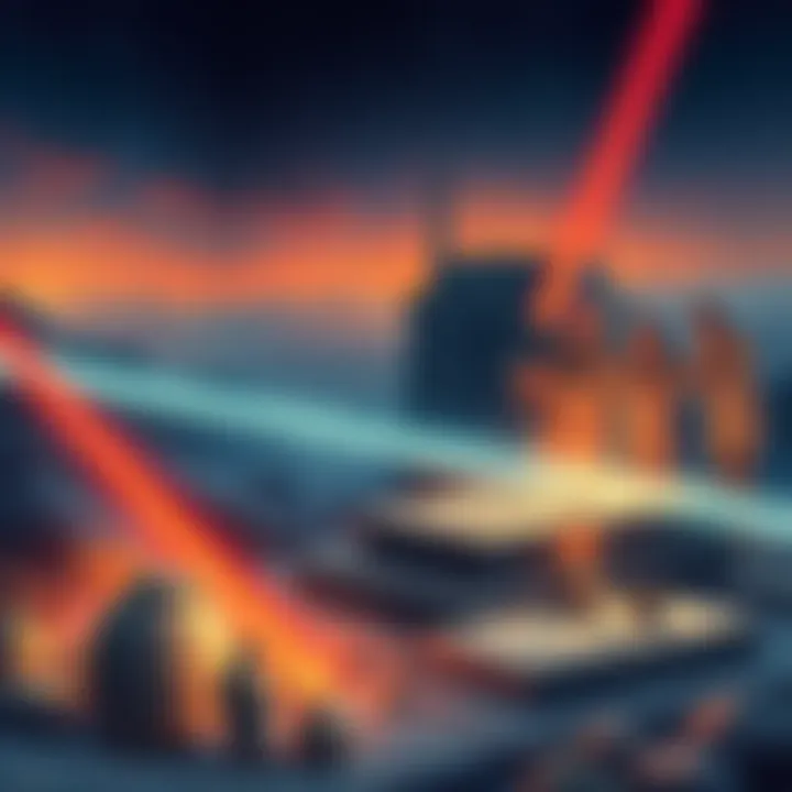 Illustration of ancient tools resembling lasers at an archaeological site, with researchers examining artifacts