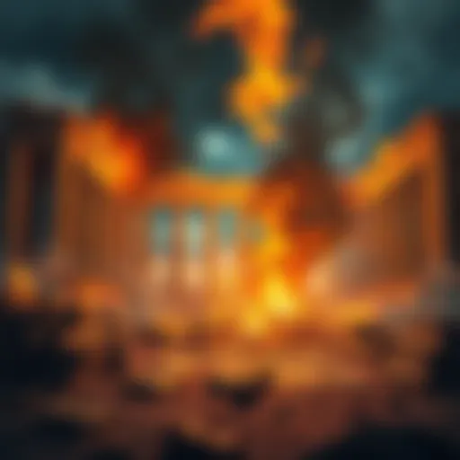 Illustration of the Library of Alexandria in flames, with ancient scrolls scattered around, symbolizing the loss of knowledge.