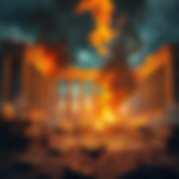 Illustration of the Library of Alexandria in flames, with ancient scrolls scattered around, symbolizing the loss of knowledge.