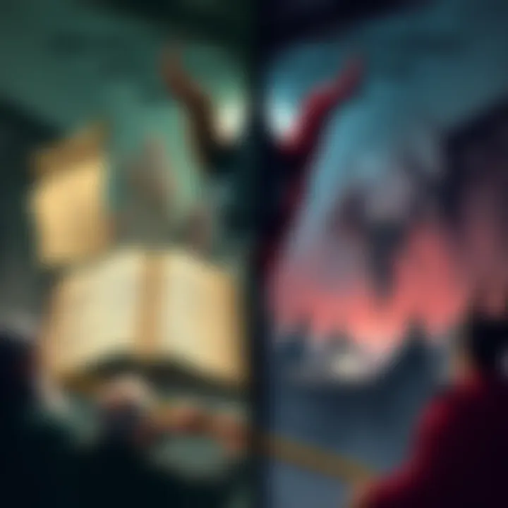 Illustration of Ancient and Modern Views on Demons A split image showing ancient texts about demons on one side and a modern debate scene on the other, depicting a contrast between historical and current beliefs.