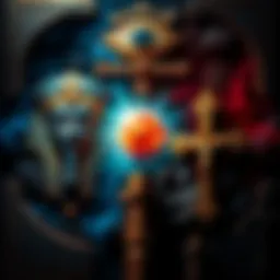 A comparison of ancient Egyptian symbols and modern religious imagery, showing the influence of ancient myths on current beliefs, with elements like the Eye of Horus and a cross, suggesting a cycle of control over humanity's beliefs.