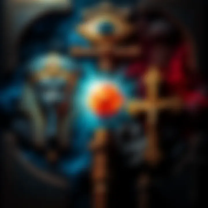 Ancient and Modern Religious Connections A comparison of ancient Egyptian symbols and modern religious imagery, showing the influence of ancient myths on current beliefs, with elements like the Eye of Horus and a cross, suggesting a cycle of control over humanity's beliefs.