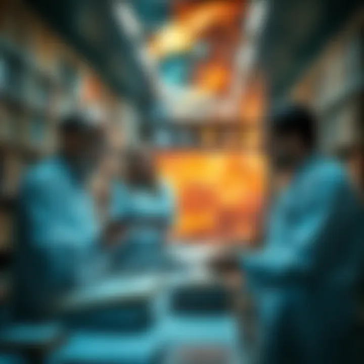 Researchers discussing ancient myths and extraterrestrial origins with charts and texts in a library setting.