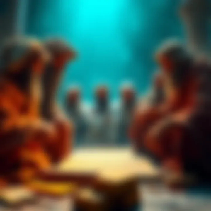 A group of ancient philosophers engaged in conversation, emphasizing humility over pride, with scrolls and books around them.
