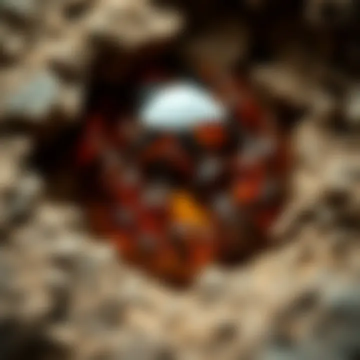 Ancient Plant Resin Sample Close-up of a dark amber-colored plant resin embedded in a natural rock formation, highlighting its age and texture.