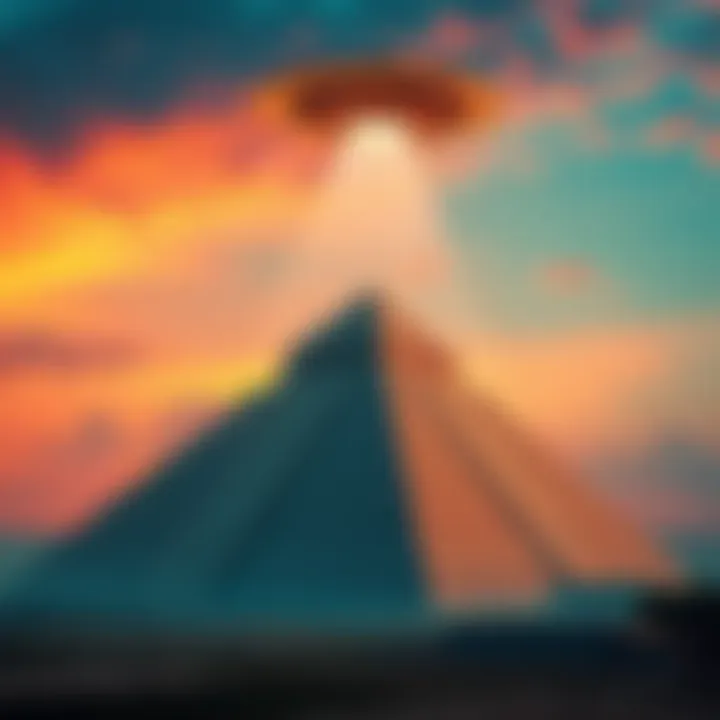 Ancient Pyramid with UFO A pyramid in the foreground with a UFO hovering above it, representing the idea of aliens observing human history.