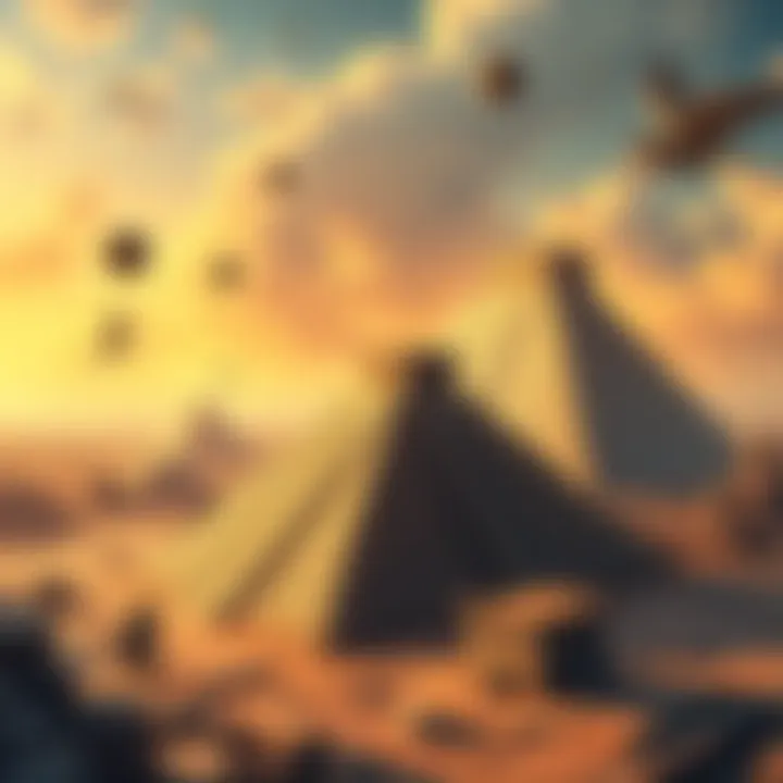 Illustration showing Egyptian pyramids, Mayan temples, and Mongolian ruins to highlight their possible link to the lost continent of Mu.