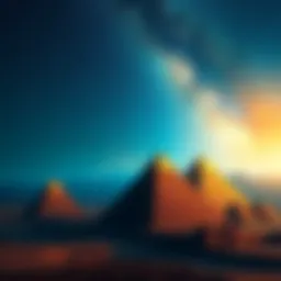 A view of ancient pyramids illuminated by starlight, suggesting a connection with extraterrestrial beings.