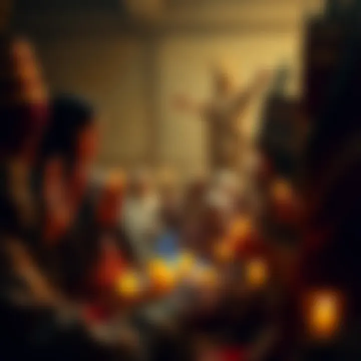 A group of people performing a traditional ritual with candles and symbols in a dimly lit setting, aiming to bring someone back to life.
