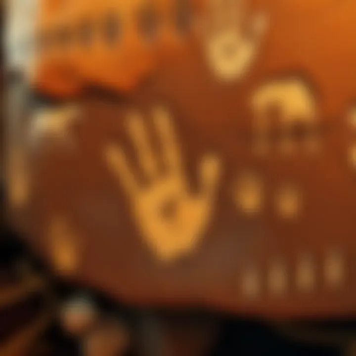 Rock art in an Indonesian cave, showing hand prints and animal figures, indicating early human creativity.