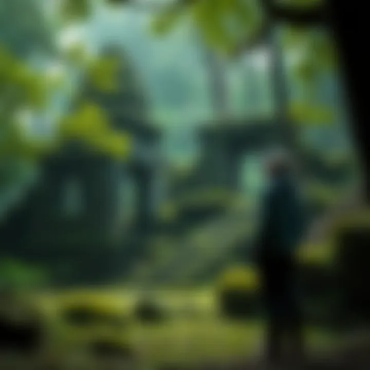A person standing in a lush forest, looking at ancient stone ruins partially covered in moss, symbolizing the search for lost history.