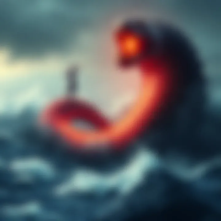 A depiction of a large sea serpent emerging from the ocean, surrounded by waves, hinting at a hidden government cover-up.