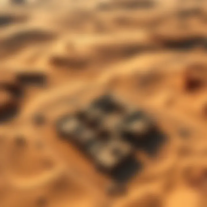 Aerial view showing an archaeological site with ruins, potentially linked to the Lost Tomb of Gilgamesh, surrounded by desert