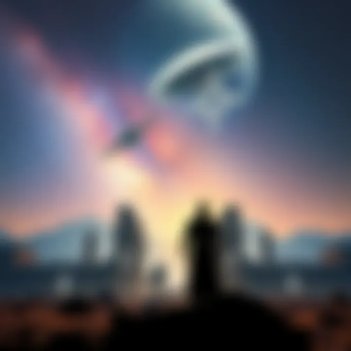 Ancient Spirits and Aliens A silhouette of a person standing in front of ancient ruins under a starry sky, with symbols of Kabbalistic magic and alien spacecraft above.