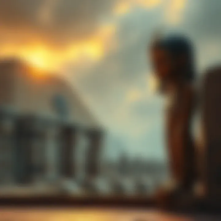 An artistic representation of Sumerian civilization with symbols of non-human influence and genetic changes.