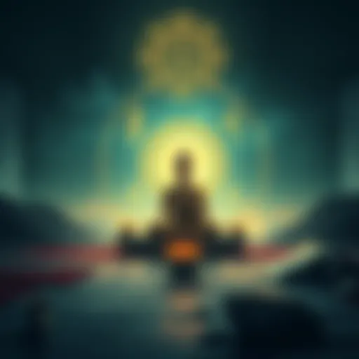 An illustration showing ancient symbols and writings that represent pre-Buddhist beliefs, with a serene figure meditating in the background, reflecting compassion and integrity in spirituality.