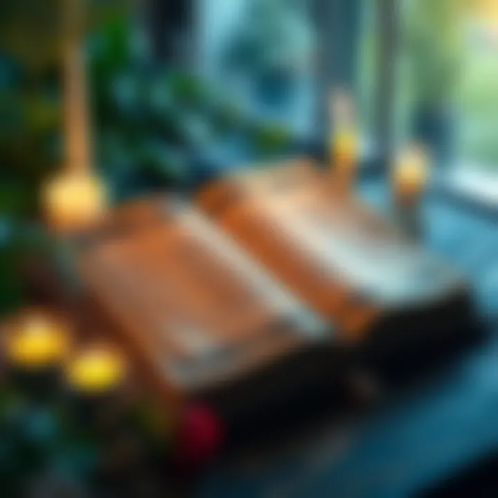 The Corpus Hermeticum opened on a wooden table surrounded by candles and plants, symbolizing wisdom and growth.