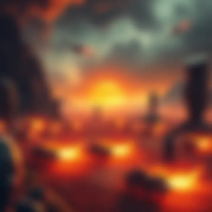 Illustration showing an ancient battlefield with glowing weapons and strange vehicles resembling those from ancient epics, amidst a fiery backdrop, symbolizing a nuclear-like event.